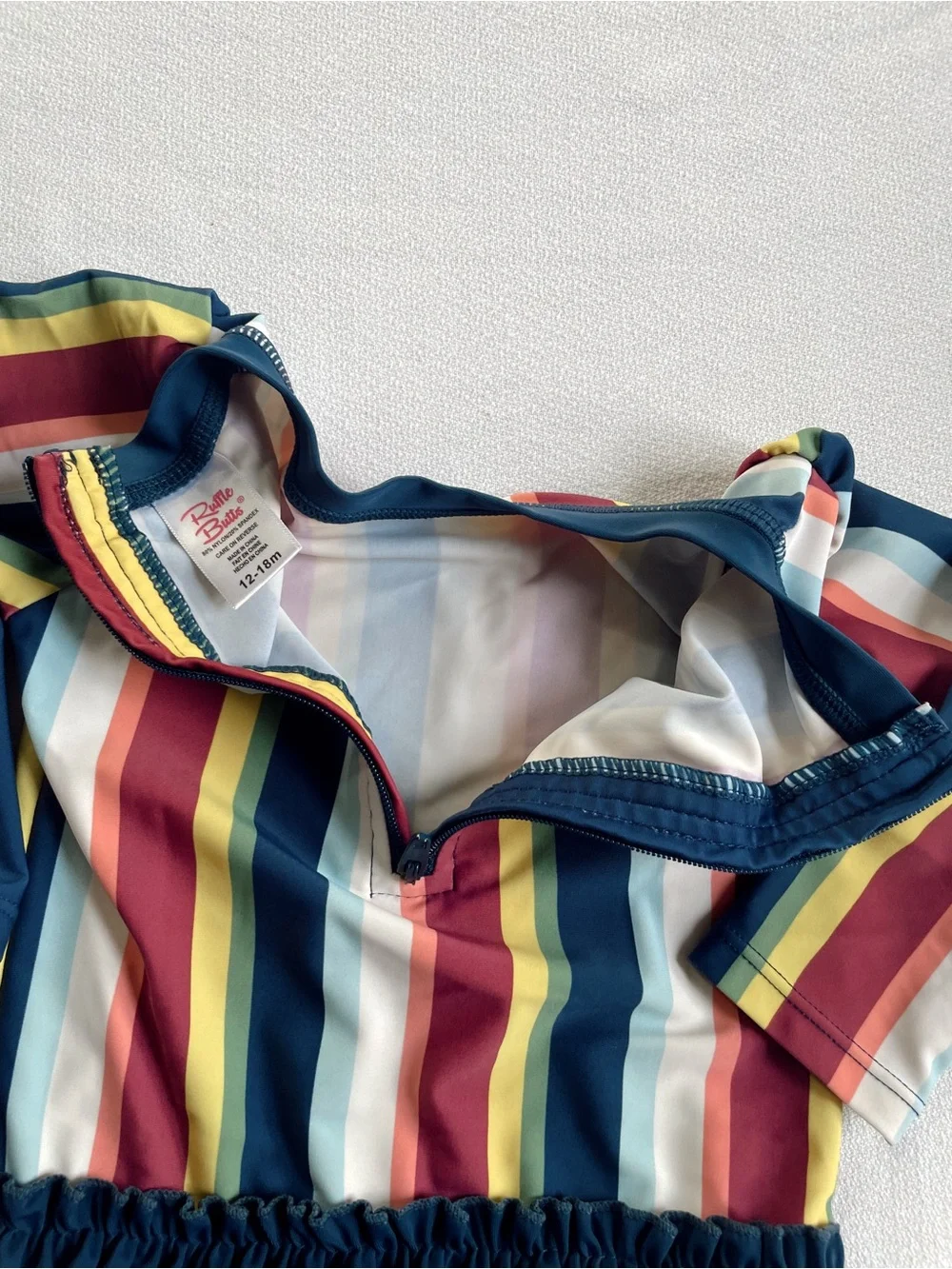RUFFLEBUTTS Swimsuit Bathing Suit Rash Guard Stripe One Piece Sunset Stripe Navy